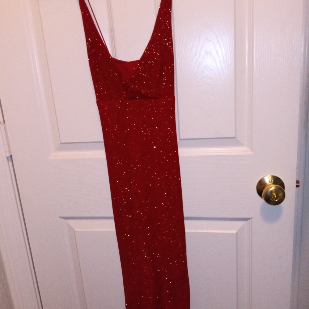 Gold Glitter Red BodyCon V-Neck Spaghetti Strap Evening Party Dress Back Plunge